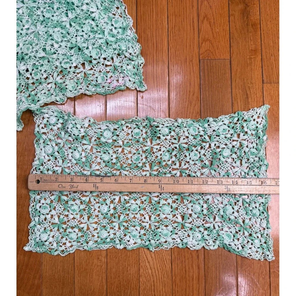 Vintage Handmade Crochet Lace Panels Green White Floral Rosette Set‎ of 6